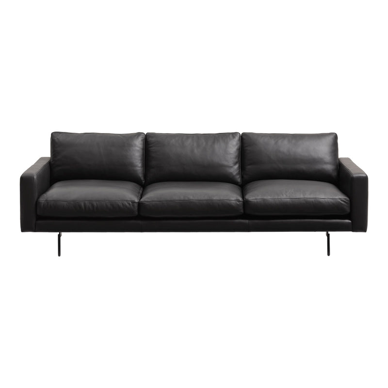 Black leather sofa with sleek lines and plush cushions, featuring a minimalist design and modern metal legs.