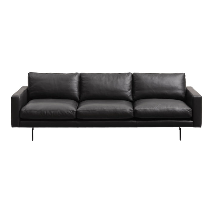 Sleek black leather sofa with smooth cushions and minimalist design, featuring a modern, clean aesthetic.