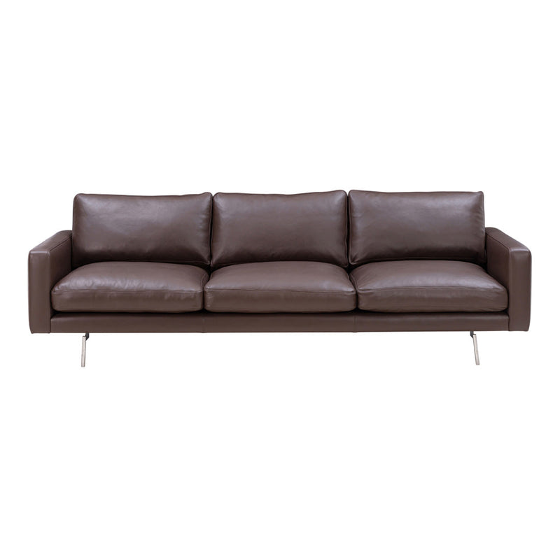Brown leather sofa with smooth surface and simple, modern design. Features three plush cushions and sleek metal legs.