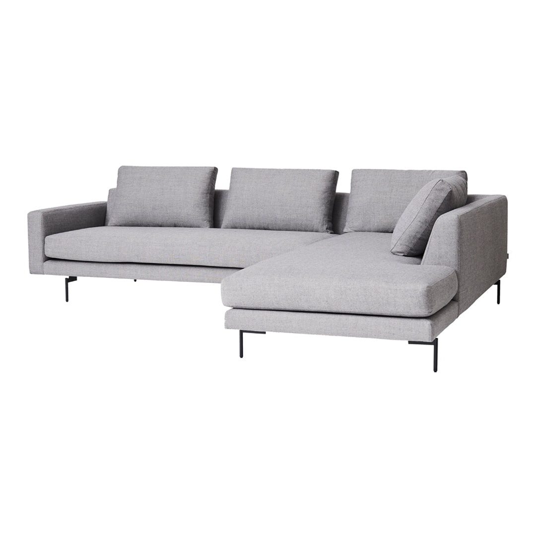 Modern gray sectional sofa with a sleek design and minimalist style, featuring solid gray fabric and clean lines.