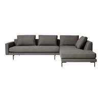 Modern gray sectional sofa with clean lines and a minimalist design, featuring a sleek black metal base.