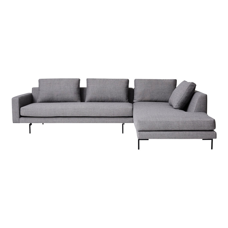 Gray sectional sofa with a sleek, modern design and textured fabric upholstery.