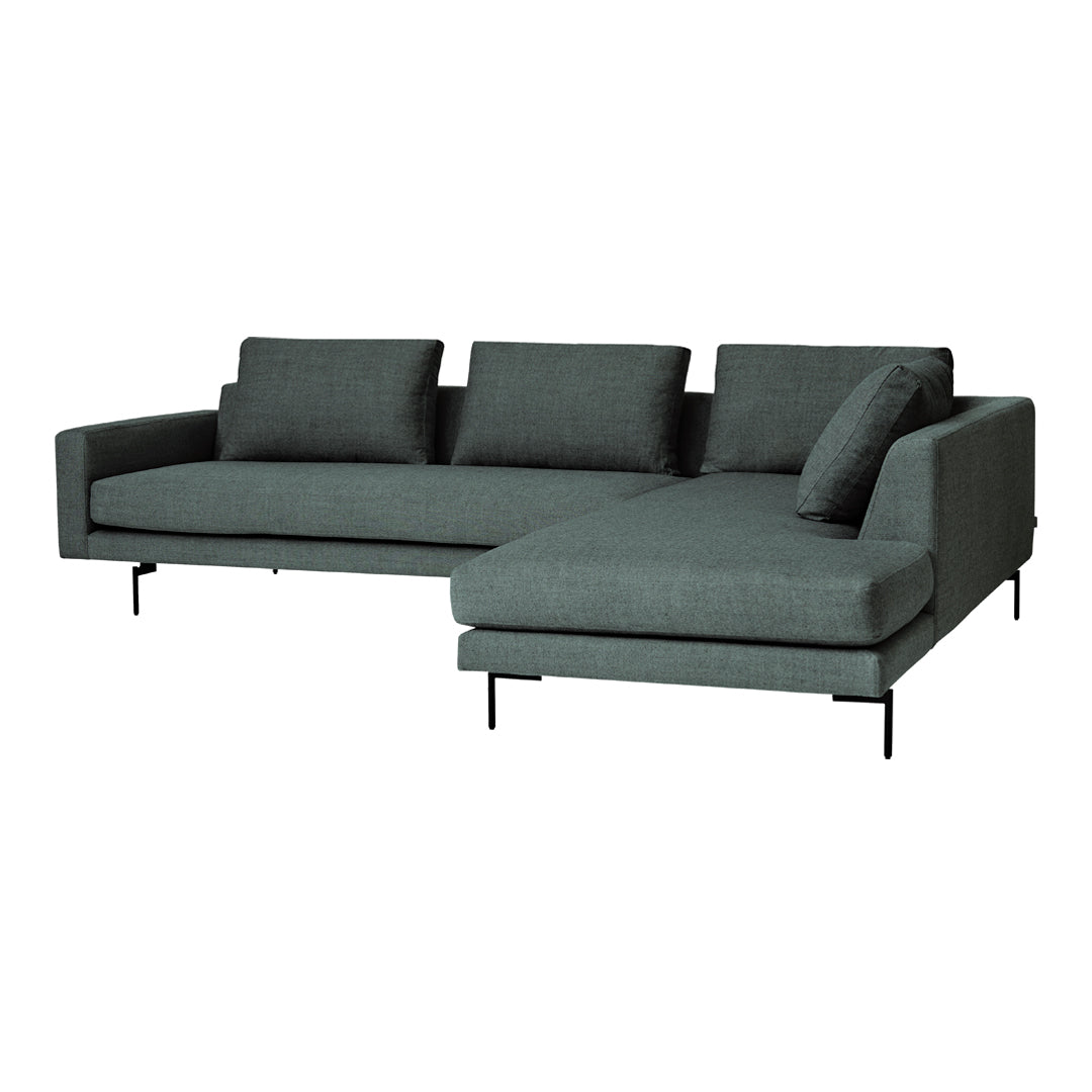 Dark green sectional sofa with a modern design and textured fabric upholstery, featuring clean lines and a minimalist look.