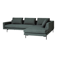 Dark green sectional sofa with a modern design and textured fabric upholstery, featuring clean lines and a minimalist look.