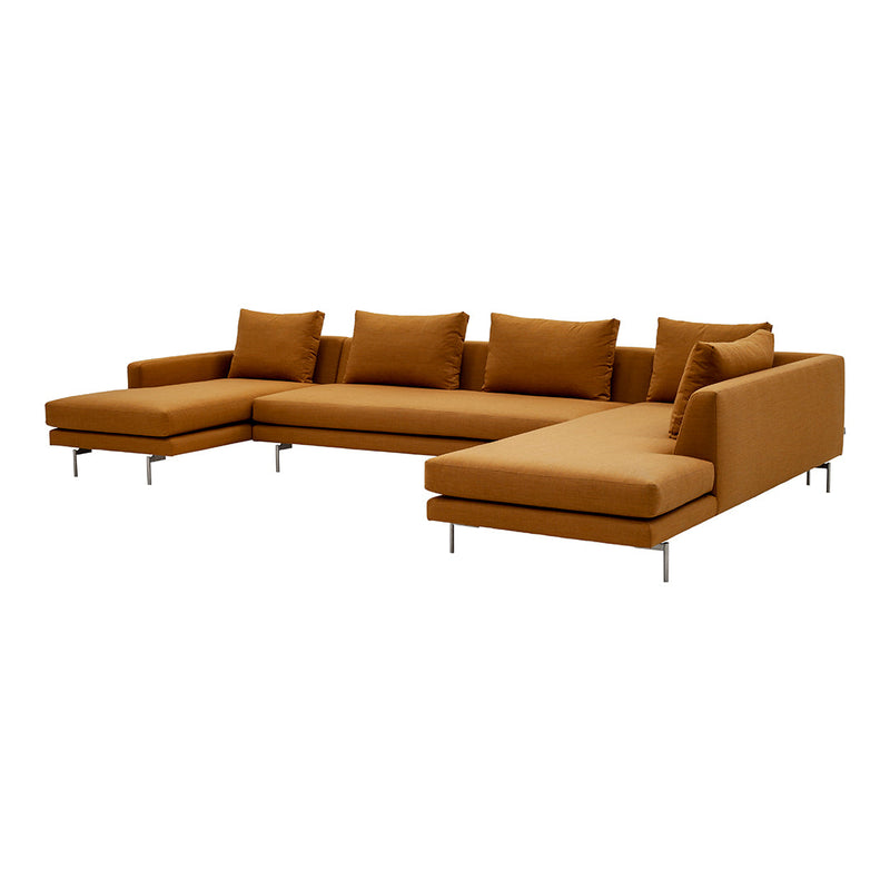 L-shaped modern sofa in rich mustard yellow with smooth fabric and clean lines. Ideal for contemporary living spaces.