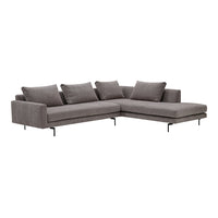 Gray sectional sofa with a modern design, featuring clean lines and soft, textured fabric. Perfect for contemporary spaces.