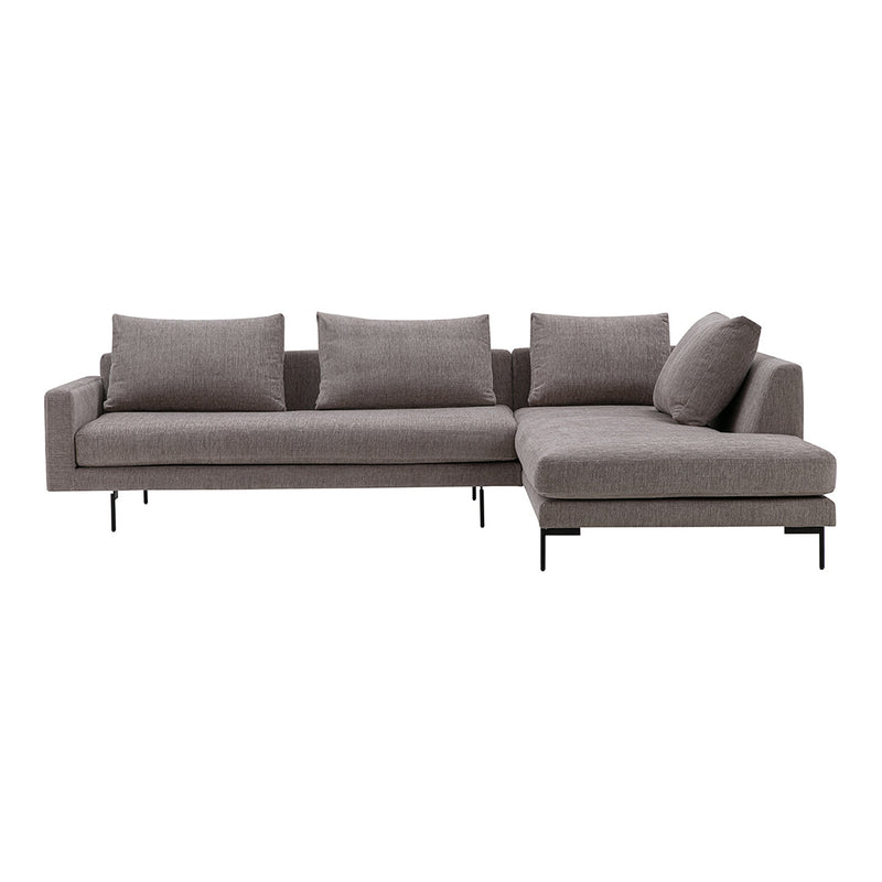 Modern grey sectional sofa with a textured fabric, featuring clean lines and plush cushions for a stylish look.