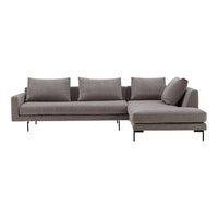 Gray sectional sofa with subtle texture and clean lines, featuring plush cushions and sleek metal legs.