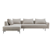 Light gray sectional sofa with clean lines and plush cushions, featuring a minimalist design and subtle texture.