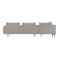 Beige fabric sofa with sleek lines and minimalistic design, featuring subtle texture and modern black legs.