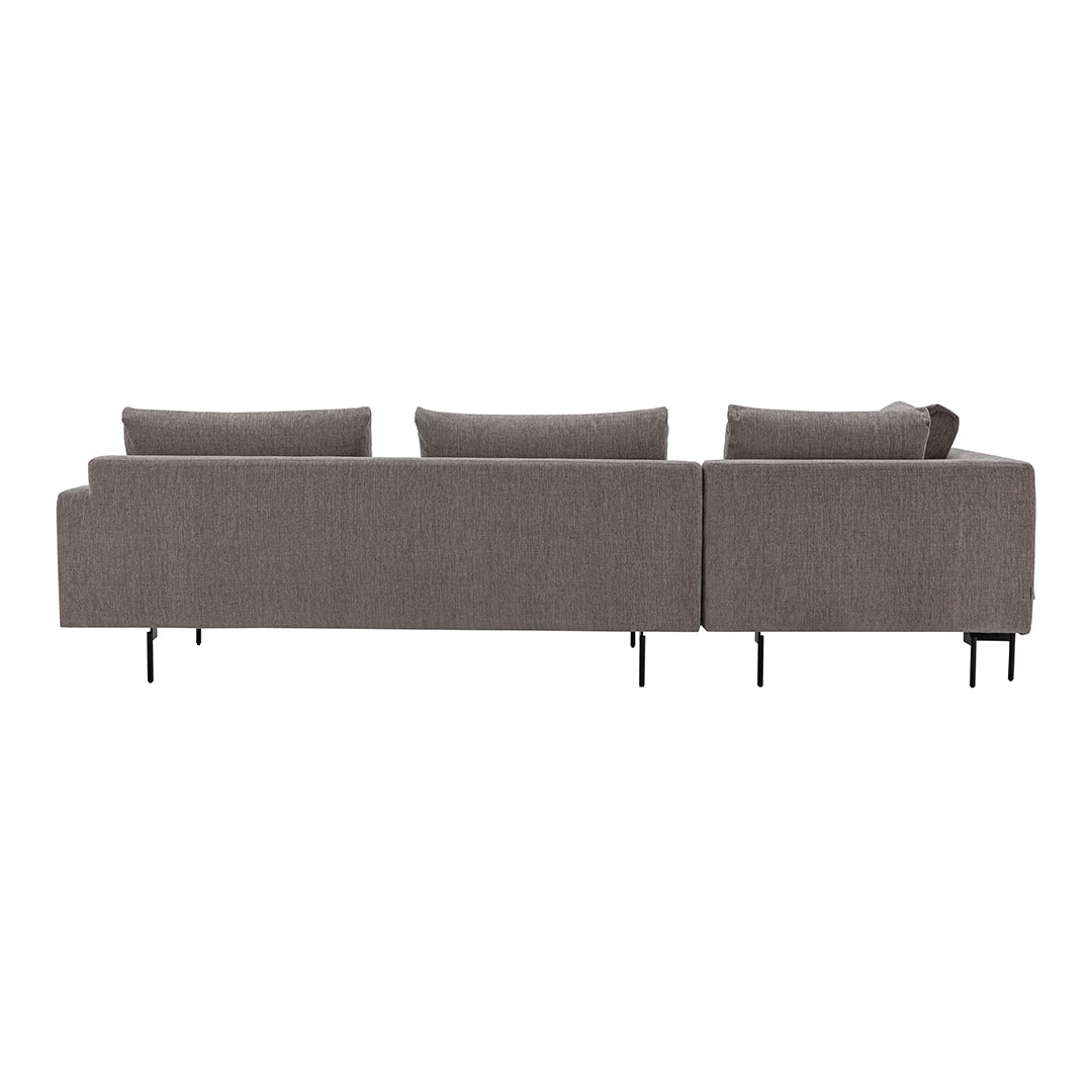 Gray fabric sofa with clean lines and subtle texture, featuring three back cushions and modern black legs.