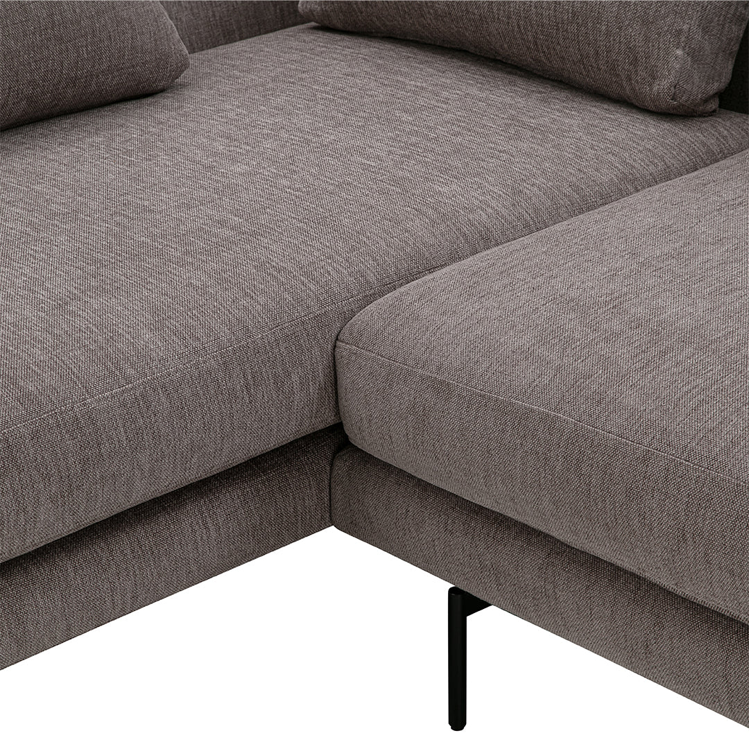 Gray textured fabric sectional sofa with minimalistic black metal legs and soft, subtle pattern accents.