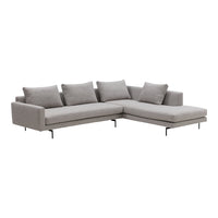 Light gray sectional sofa with clean lines and plush cushions, featuring a minimalist design and modern metallic legs.