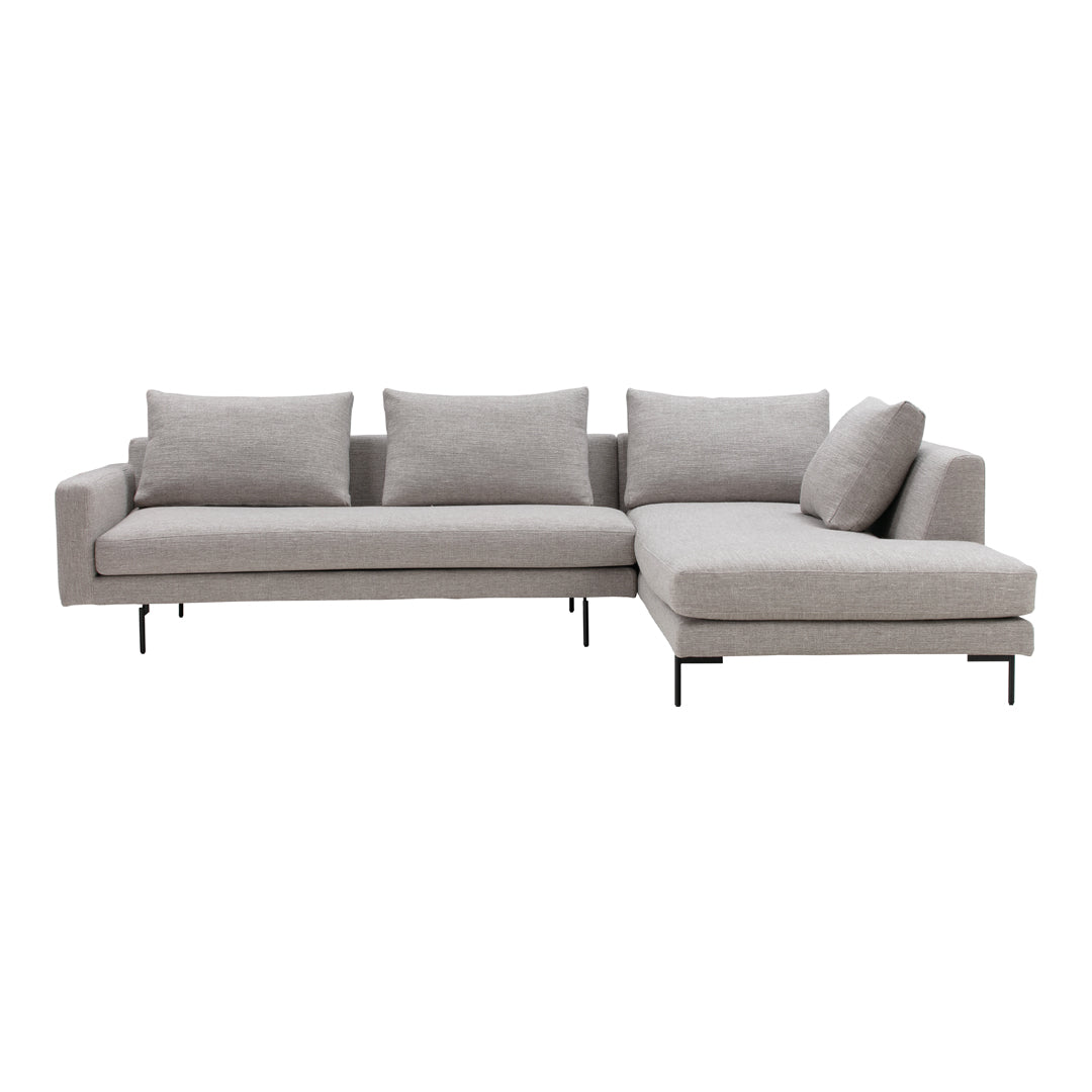 Modern gray sectional sofa with plush cushions and sleek black metal legs, perfect for contemporary living spaces.