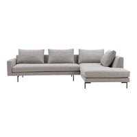 Modern gray sectional sofa with plush cushions and sleek black metal legs, perfect for contemporary living spaces.