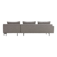 Modern gray sofa with clean lines and textured fabric, featuring three plush cushions and sleek black legs.