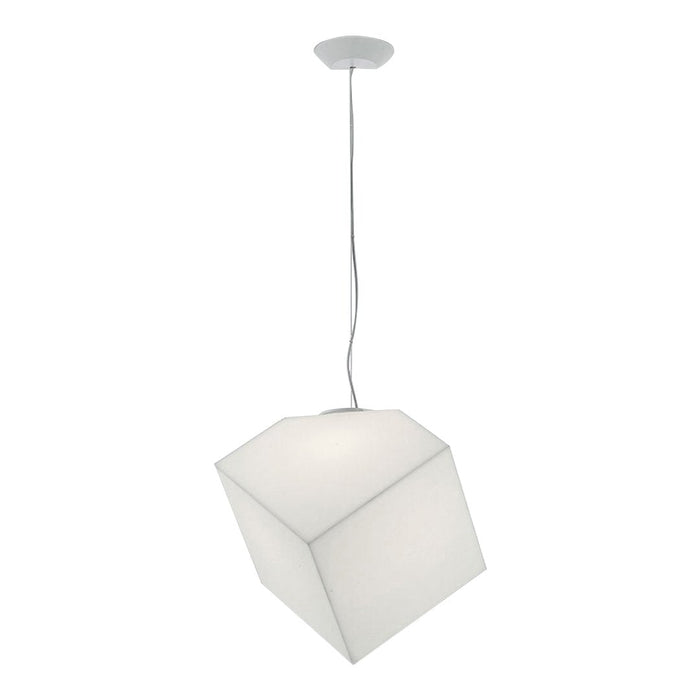 Modern white geometric pendant light with a sleek design, featuring a minimalistic cube shape and clean lines.