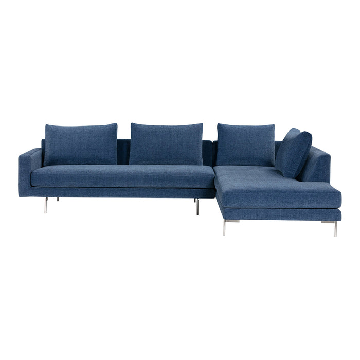 "Modern blue sectional sofa with a textured fabric and sleek silver legs, featuring a vibrant, solid color design."