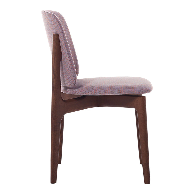 Side view of a modern chair featuring a lavender upholstery and a rich walnut wood frame.