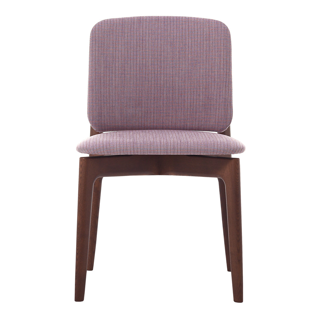 Purple striped upholstery on a modern chair with a sleek wooden frame. Ideal for stylish home decor.