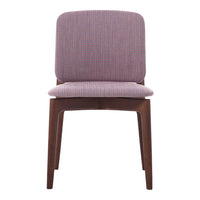 Purple striped upholstery on a modern chair with a sleek wooden frame. Ideal for stylish home decor.