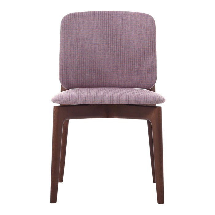Purple striped upholstery on a modern chair with a sleek wooden frame. Ideal for stylish home decor.