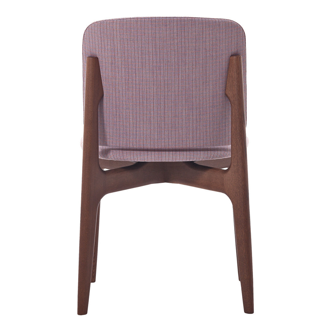 "Back view of a chair with a soft purple textured fabric and wooden legs, showcasing a modern and stylish design."