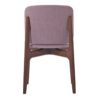 "Back view of a chair with a soft purple textured fabric and wooden legs, showcasing a modern and stylish design."