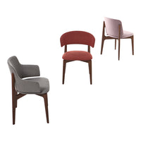 Stylish chairs in grey, red, and pink upholstery with clean lines and wooden legs. Perfect for modern decor.