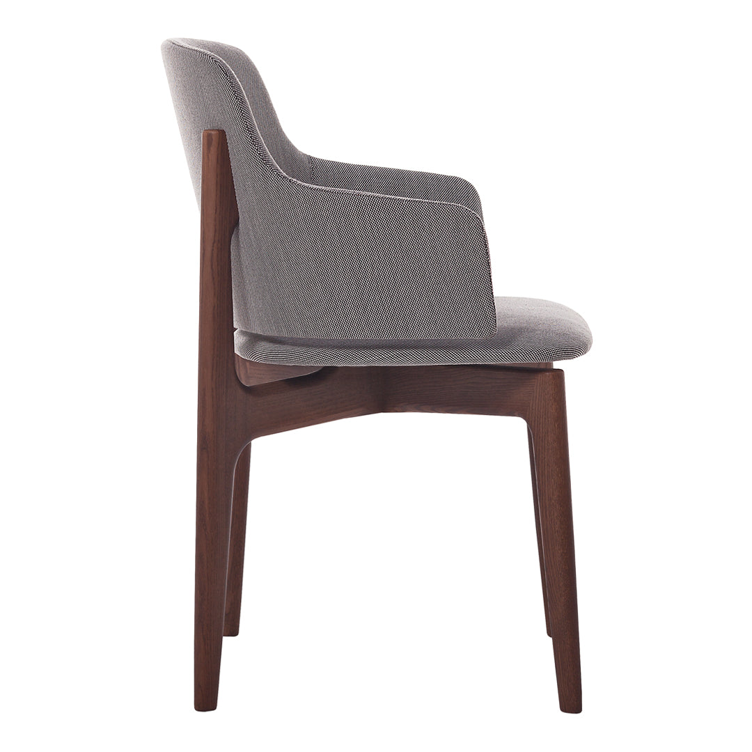 Gray upholstered chair with a sleek wooden frame, featuring a smooth, modern design and minimalistic pattern.