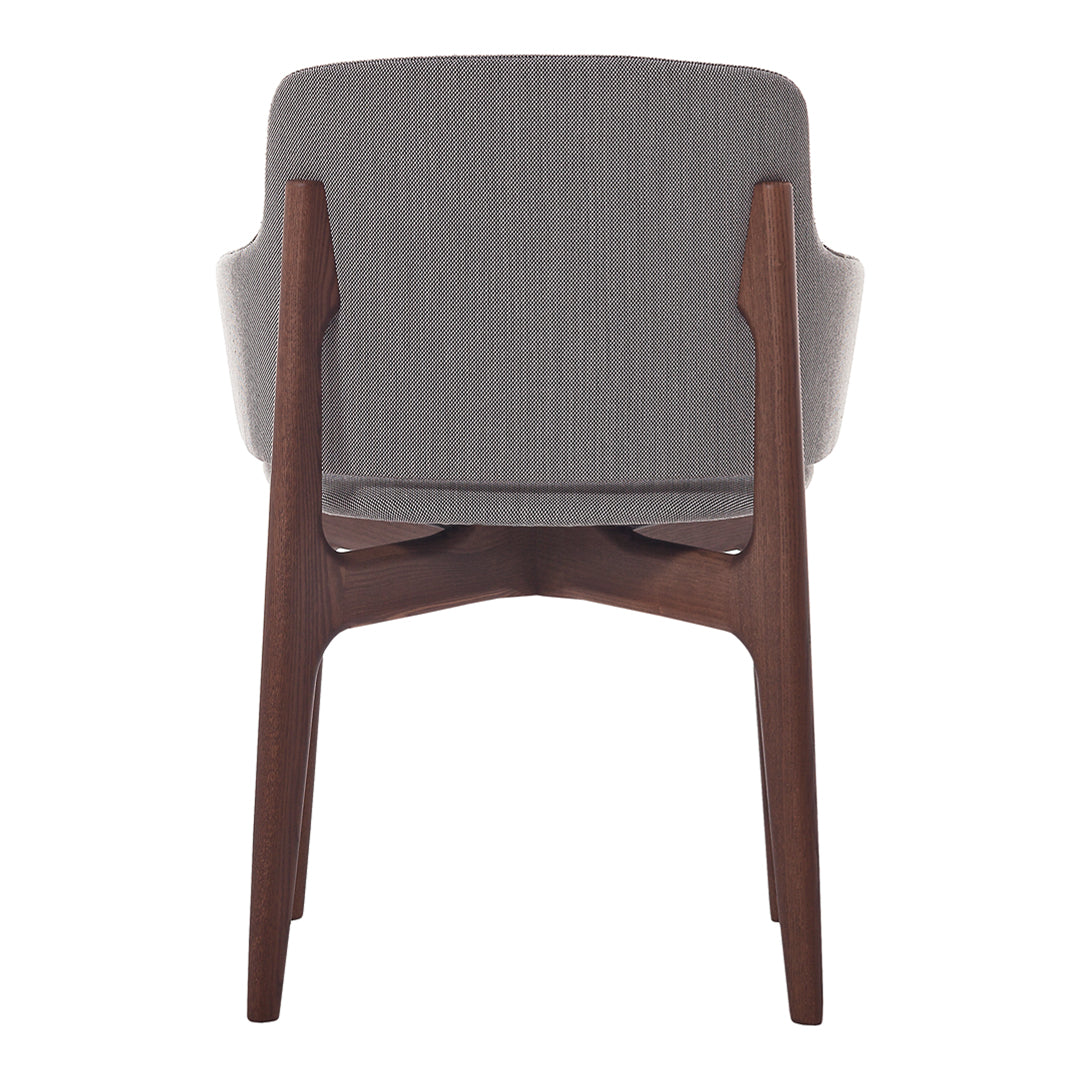 Gray fabric chair with a subtle vertical pattern, complemented by a sleek walnut wood frame.