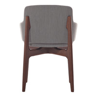Gray fabric chair with a subtle vertical pattern, complemented by a sleek walnut wood frame.