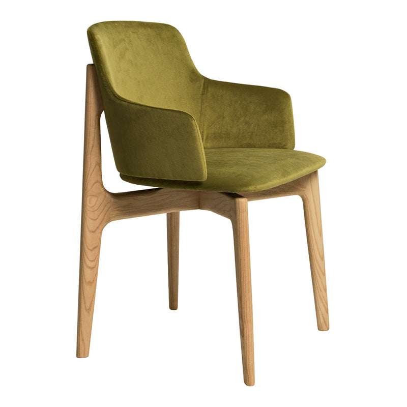 Olive green upholstered chair with smooth fabric and natural wood legs, perfect for modern decor.