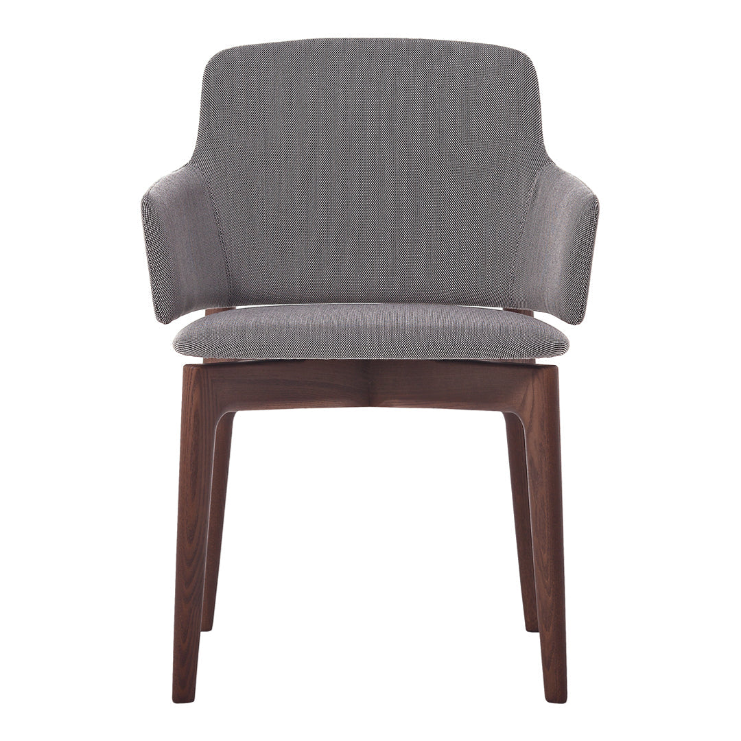 Gray striped upholstery with a sleek wooden frame, offering a modern and stylish accent to any space.