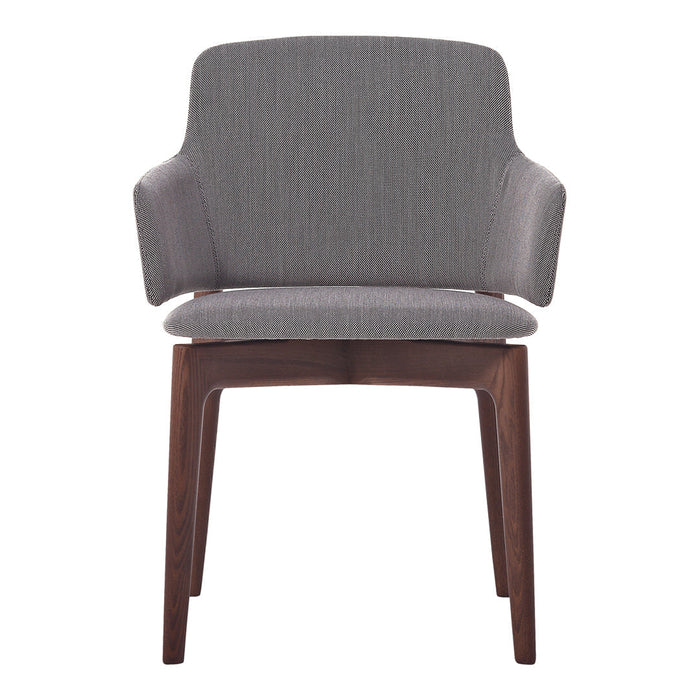 Gray striped upholstery with a sleek wooden frame, offering a modern and stylish accent to any space.