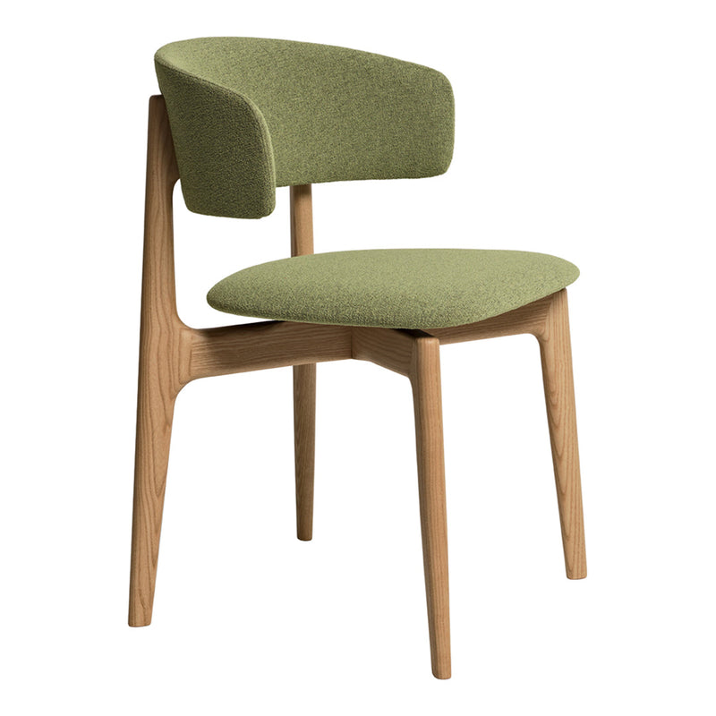 Green upholstered chair with a simple design and natural wood frame, featuring a smooth finish and modern aesthetic.