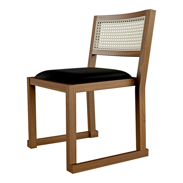 "Brown wooden chair with a black seat and woven cane backrest, featuring clean lines and modern design."