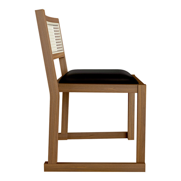 Wooden bar stool featuring a natural finish and contrasting black seat cushion with a slatted back design.