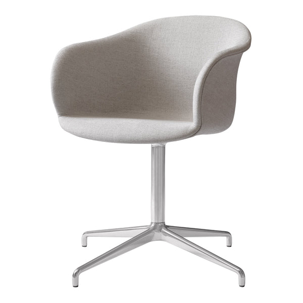 Light gray upholstered chair with a smooth, curved design and a sleek silver metal base. Ideal for modern decor.