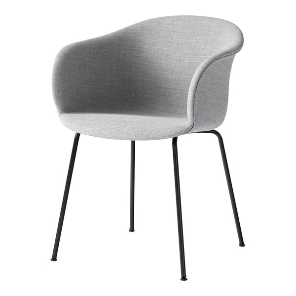 Light gray upholstered chair with smooth, curved design and sleek black metal legs. Ideal for modern interiors.