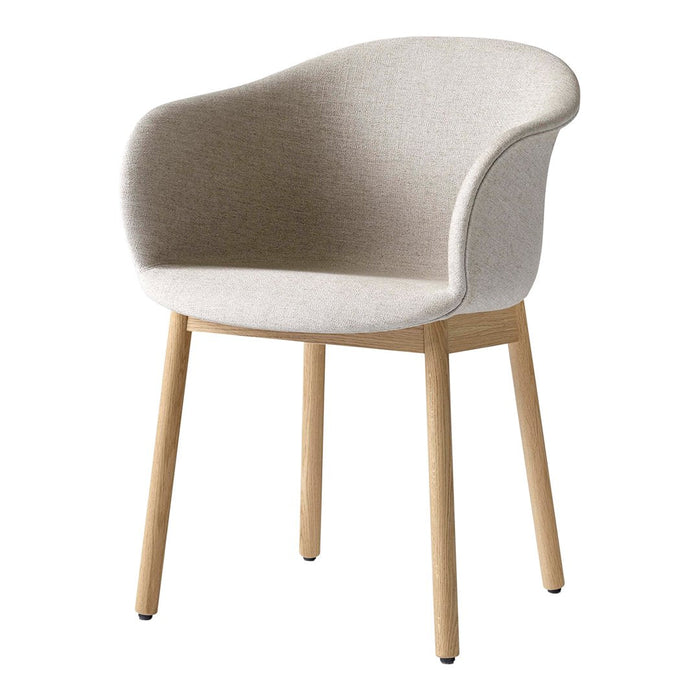 Beige upholstered armchair with smooth curves and wooden legs, featuring a minimalist design.