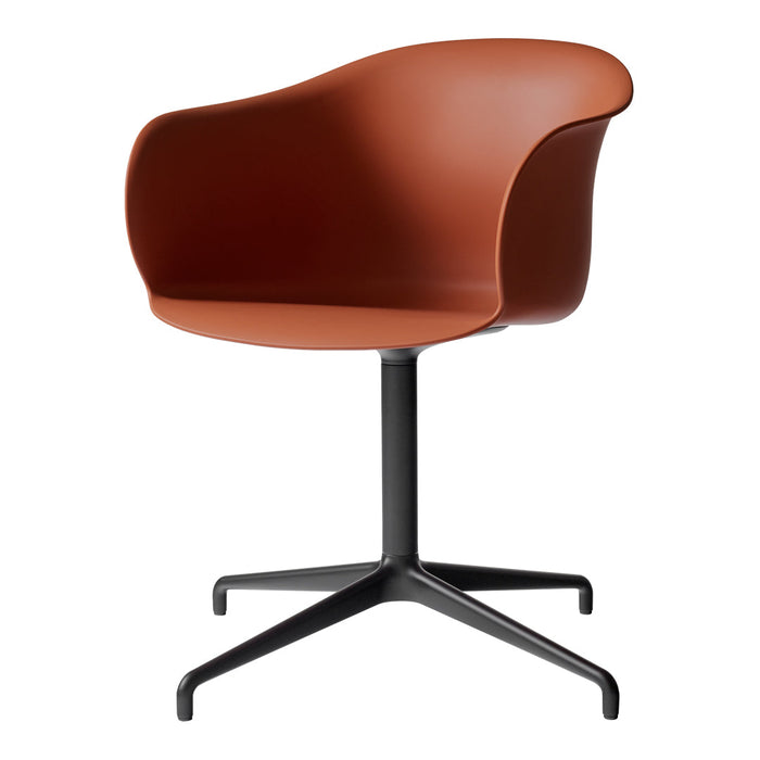 Brown chair with a smooth, curved back and a sleek black base, perfect for modern decor.