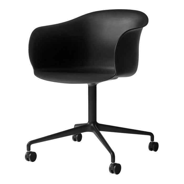 Sleek black office chair with a curved design and rolling wheels, perfect for modern workspaces.