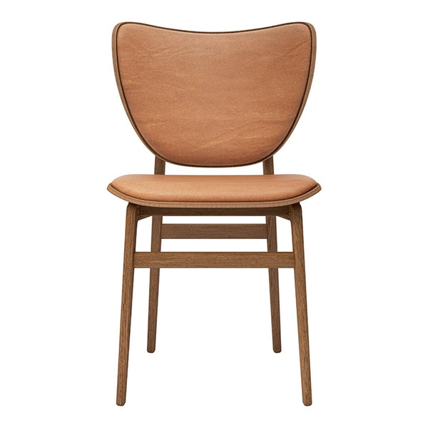 Mid-century style chair with a warm tan leather seat and a natural wood frame, featuring smooth, minimalist curves.