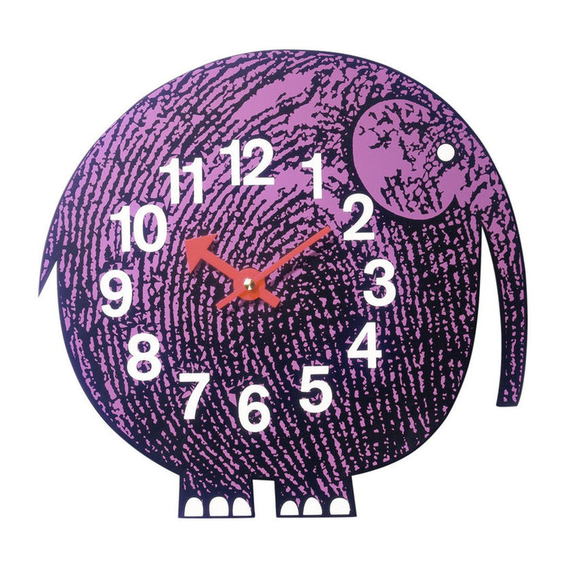 Purple elephant-shaped clock with textured patterns and bright orange clock hands. Fun and whimsical design.