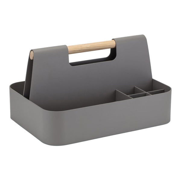 Gray storage caddy with a natural wood handle and minimalist design, featuring divided compartments.