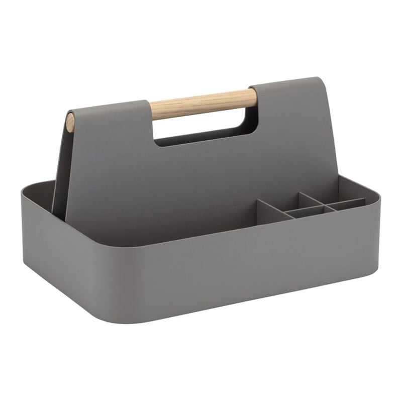 Gray storage caddy with a natural wood handle and minimalist design, featuring divided compartments.