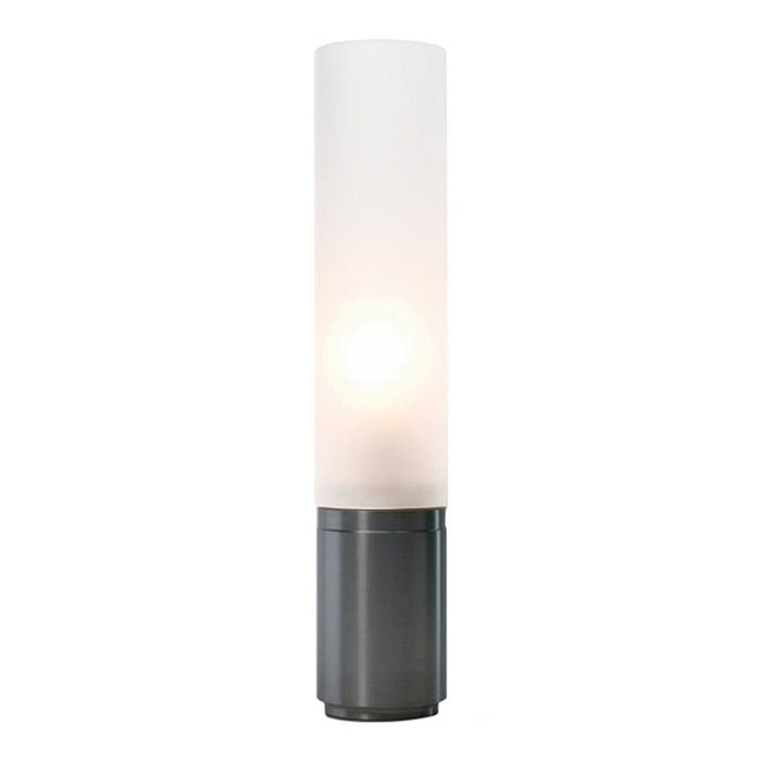 Sleek gray base with a frosted white cylindrical shade, creating a modern and minimalist look.