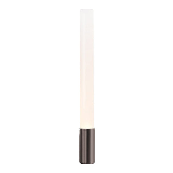 Sleek white frosted glass lamp with a modern black base, perfect for contemporary decor.