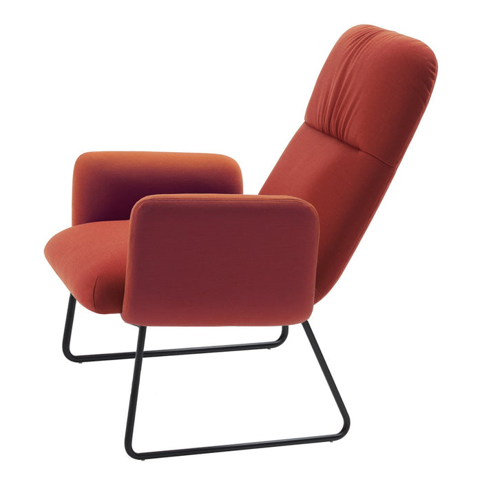 Stylish orange upholstered chair with sleek black metal frame, featuring smooth, modern lines. Ideal for contemporary decor.